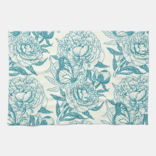 Peonies and butterflies block print, lagoon Blue  Tea Towel