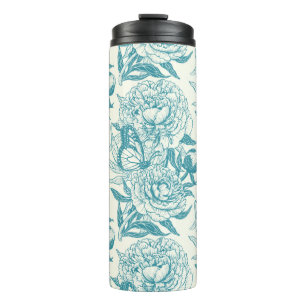 Peonies and butterflies block print, lagoon Blue Thermal Tumbler