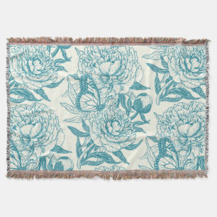 Peonies and butterflies block print, lagoon Blue  Throw Blanket