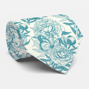 Peonies and butterflies block print, lagoon Blue Tie