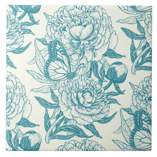 Peonies and butterflies block print, lagoon Blue Tile (Front)