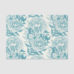 Peonies and butterflies block print, lagoon Blue Tissue Paper
