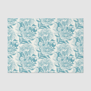 Peonies and butterflies block print, lagoon Blue Tissue Paper