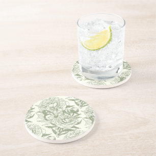 Peonies and butterflies block print, sage green an coaster