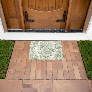 Peonies and butterflies block print, sage green an doormat