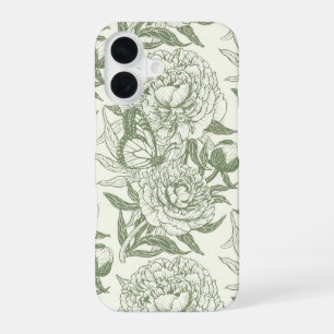 Peonies and butterflies block print, sage green an iPhone 16 case