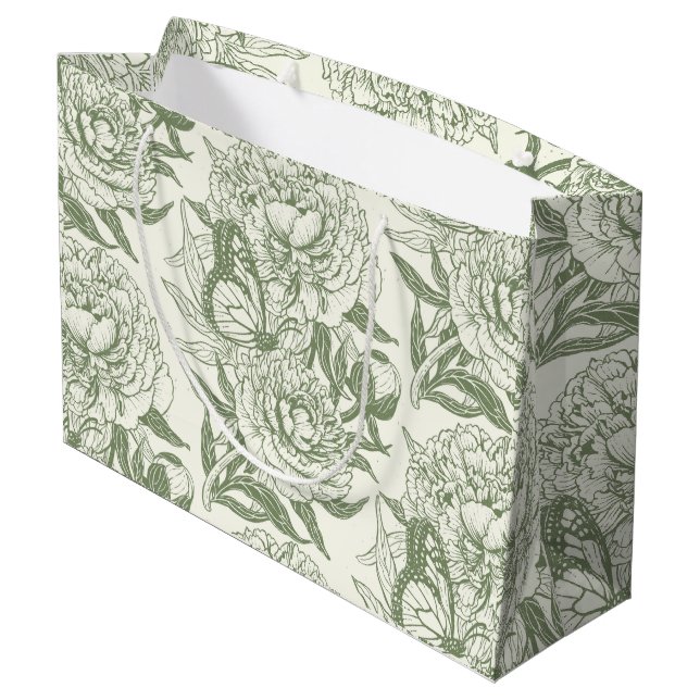 Peonies and butterflies block print, sage green an large gift bag (Back Angled)