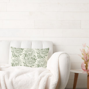 Peonies and butterflies block print, sage green an lumbar cushion