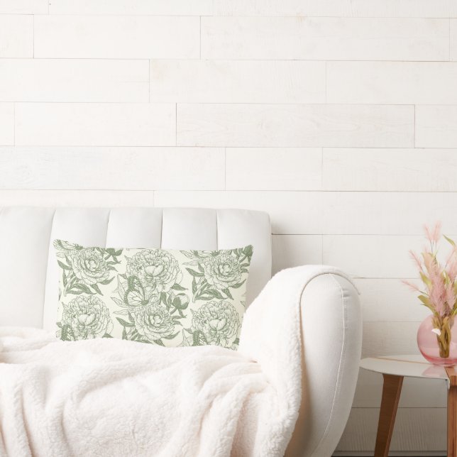 Peonies and butterflies block print, sage green an lumbar cushion (Couch)