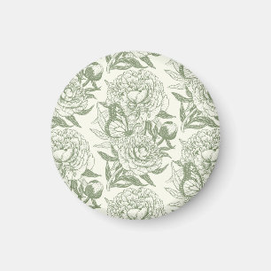 Peonies and butterflies block print, sage green an magnet