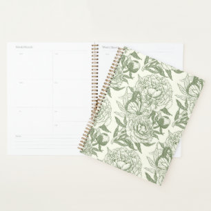 Peonies and butterflies block print, sage green an planner