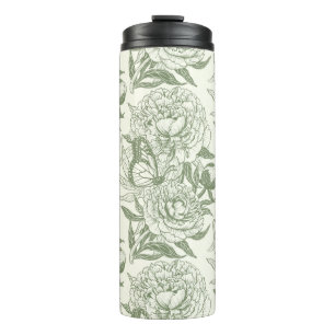 Peonies and butterflies block print, sage green an thermal tumbler