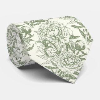 Peonies and butterflies block print, sage green an tie