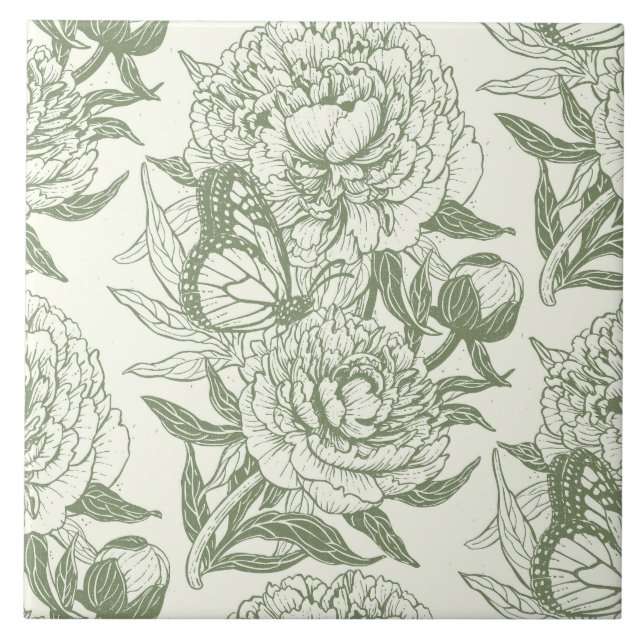 Peonies and butterflies block print, sage green an tile (Front)