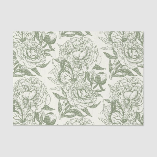 Peonies and butterflies block print, sage green an tissue paper (Front)
