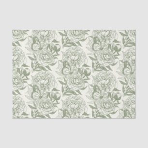 Peonies and butterflies block print, sage green an tissue paper