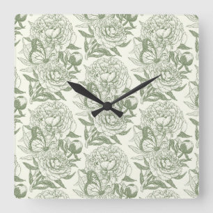 Peonies and butterflies block print, sage green  square wall clock
