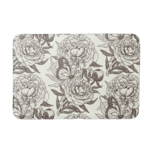 Peonies and butterflies block print, umber on off  bath mat