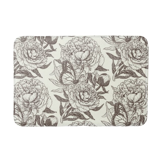 Peonies and butterflies block print, umber on off  bath mat (Front)