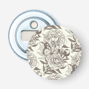 Peonies and butterflies block print, umber on off bottle opener