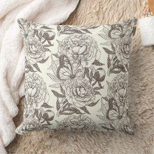 Peonies and butterflies block print, umber on off cushion