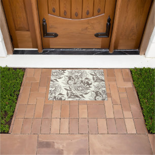 Peonies and butterflies block print, umber on off doormat