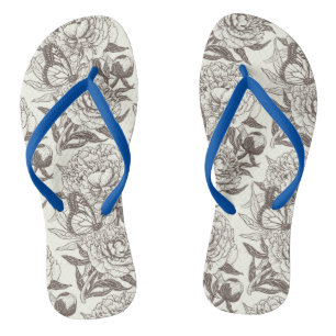 Peonies and butterflies block print, umber on off  jandals