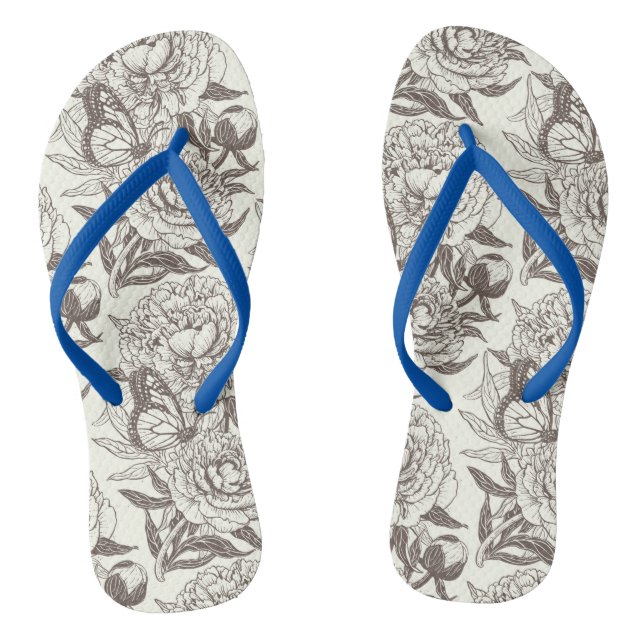 Peonies and butterflies block print, umber on off  jandals (Footbed)