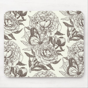 Peonies and butterflies block print, umber on off  mouse pad