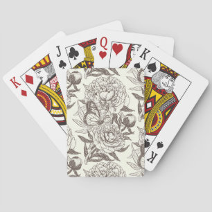Peonies and butterflies block print, umber on off playing cards