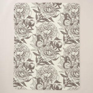 Peonies and butterflies block print, umber on off sherpa blanket