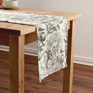 Peonies and butterflies block print, umber on off short table runner