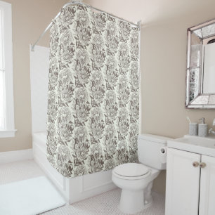 Peonies and butterflies block print, umber on off shower curtain