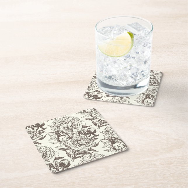 Peonies and butterflies block print, umber on off  square paper coaster (Insitu)
