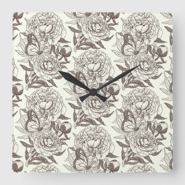 Peonies and butterflies block print, umber on off  square wall clock (Front)