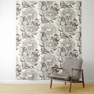 Peonies and butterflies block print, umber on off tapestry