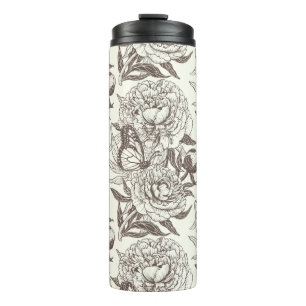 Peonies and butterflies block print, umber on off thermal tumbler
