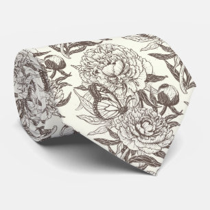 Peonies and butterflies block print, umber on off tie