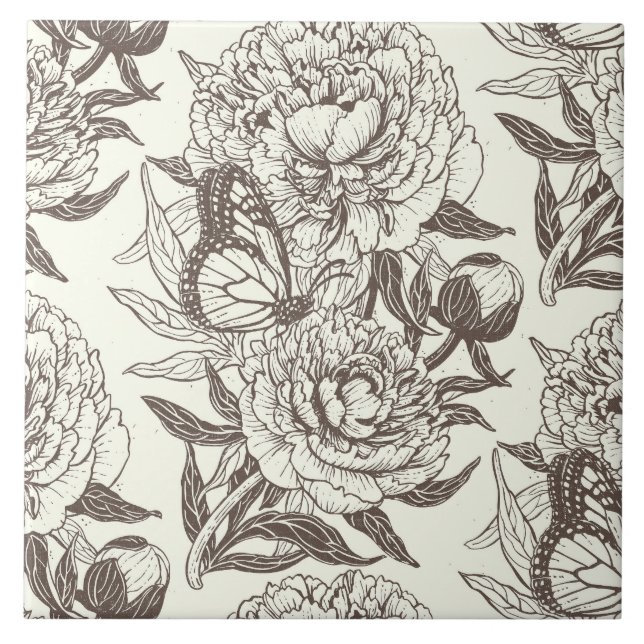 Peonies and butterflies block print, umber on off  tile (Front)