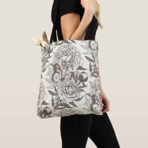Peonies and butterflies block print, umber on off tote bag