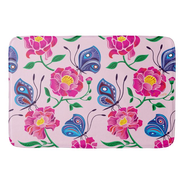 Peonies and Butterflies Pattern Bath Mat (Front)