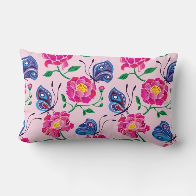 Peonies and Butterflies Pattern Lumbar Cushion (Back)