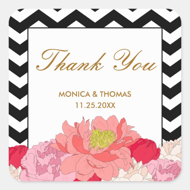 Peonies and Chevrons Thank You Sticker (Front)