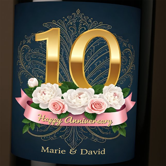 Peonies and Filigree Gold 10th Wedding Anniversary Wine Label (Creator Uploaded)