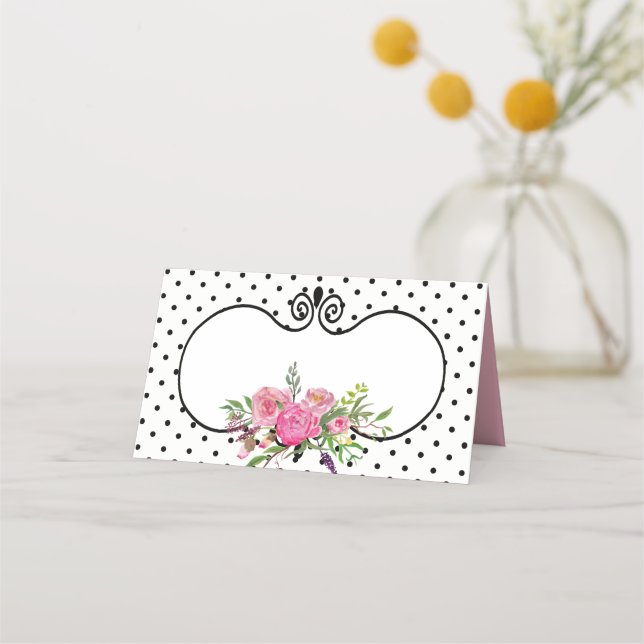 Peonies and Polka Dots Wedding Folded Place Card (Front)