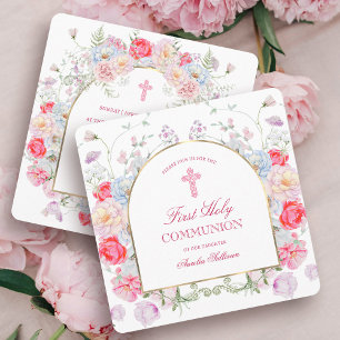 Peonies and Roses Arch First Communion Square Invitation