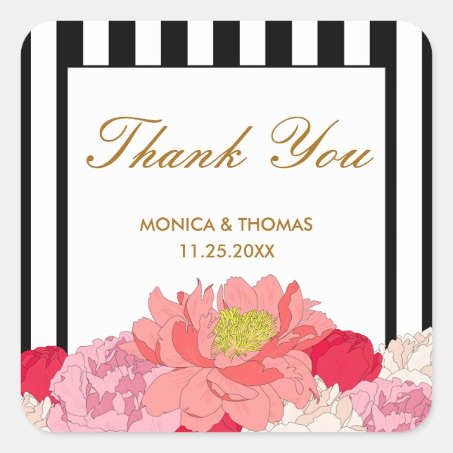 Peonies and Stripes Square Sticker (Front)
