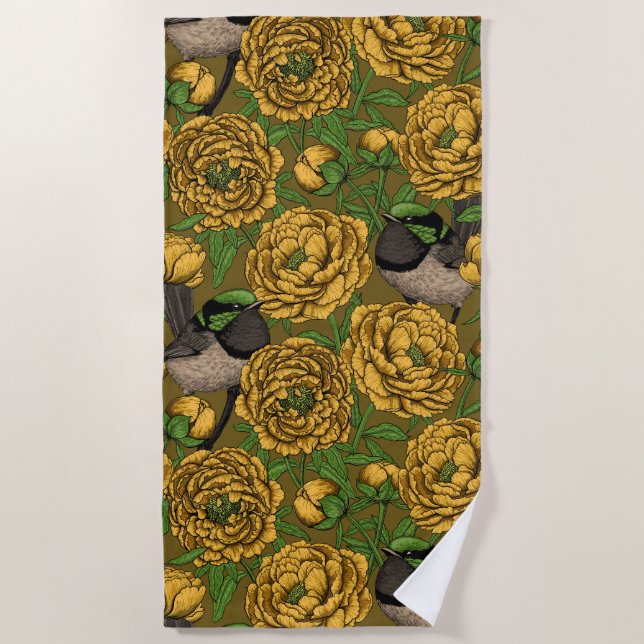 Peonies and wrens beach towel (Front)