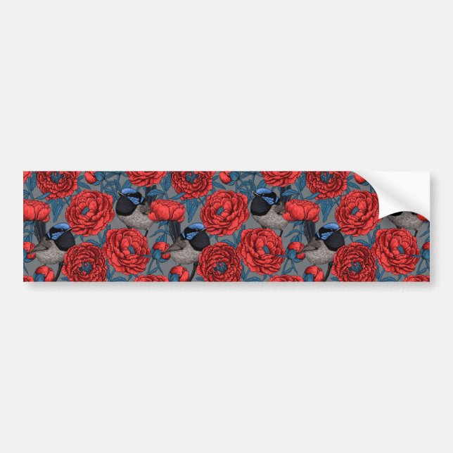 Peonies and wrens bumper sticker (Front)