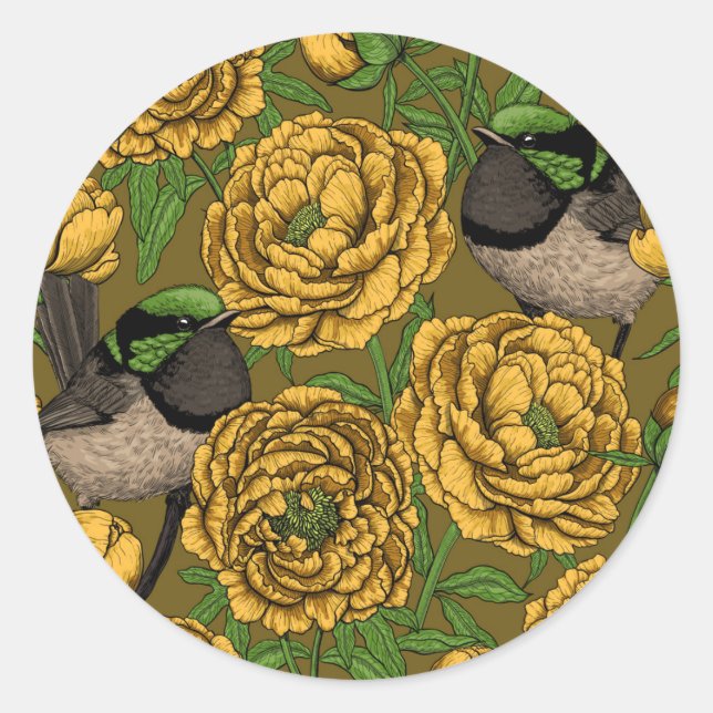 Peonies and wrens classic round sticker (Front)